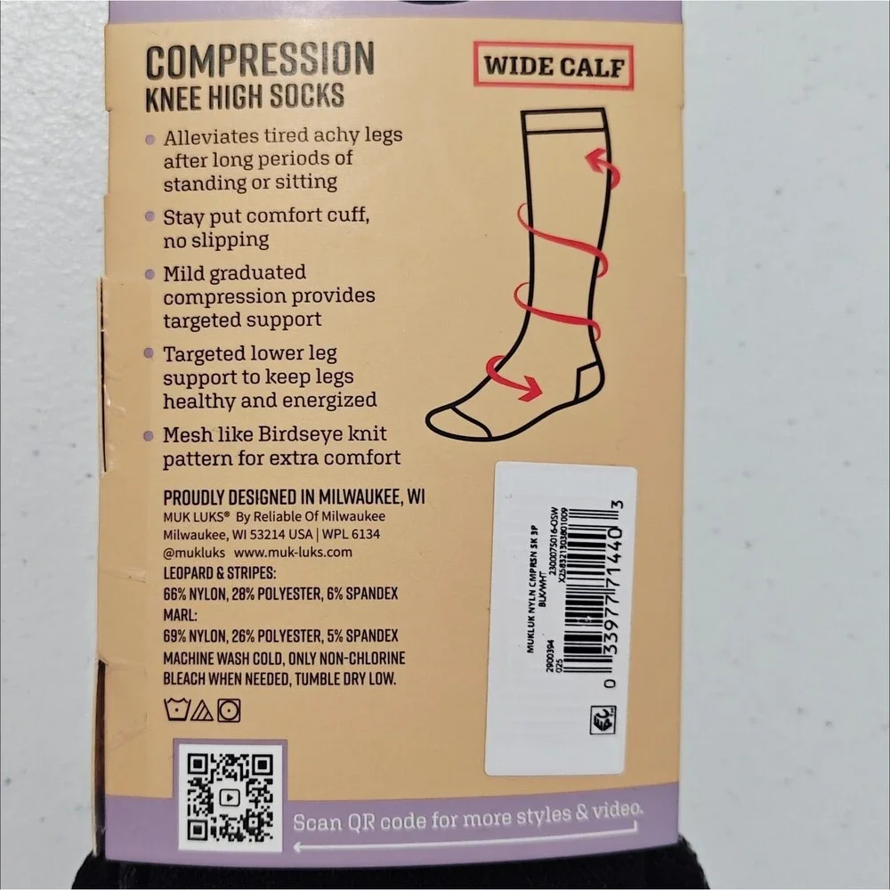 New MUK LUKS 3-Pair Women's WIDE Calf Compression Knee High Socks Striped Nylon